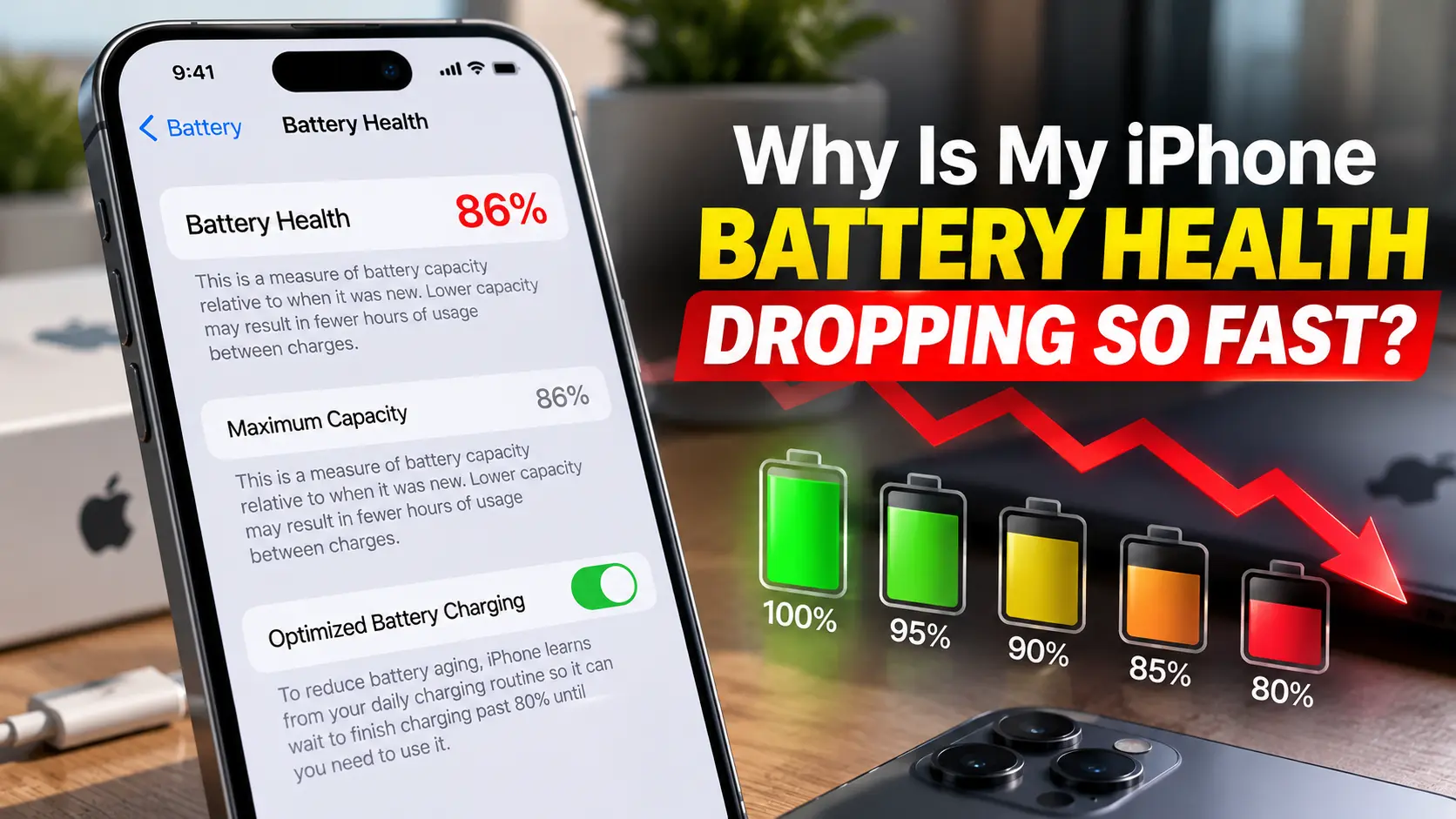 iPhone battery health dropping fast, with battery health percentage and warning indicators