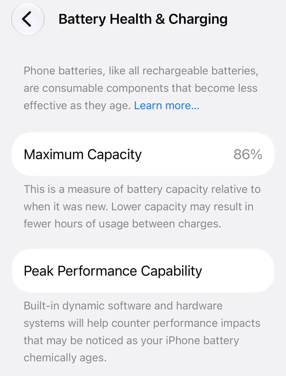 iPhone Battery Health and Charging screen showing Maximum Capacity at 86 percent and Peak Performance Capability